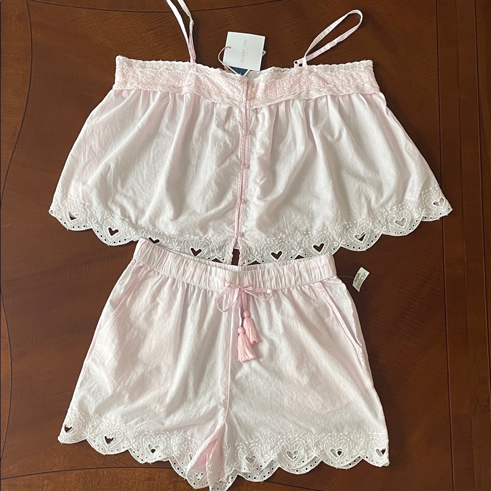 Shabby Chic Pink Heart Lace Trim Sleepwear Pajama Set